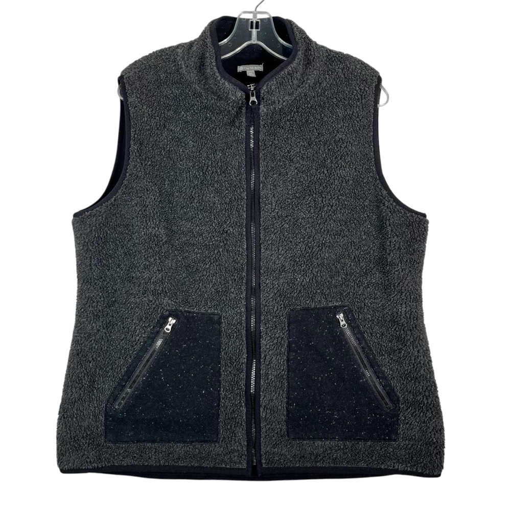 T by Talbots Black Gray Sherpa Teddy Fleece Full Zip Vest Jacket XL Athleisure